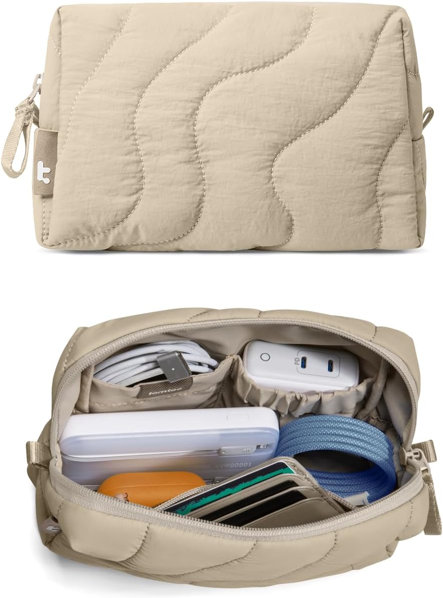 tomtoc Electronics Organizer Travel Case, Soft Puffy Organizer Bag Birthday Christmas Gifts Travel Essentials for Women Girls, Portable Accessory Tech Pouch Storage for Charger, Cord, Cable, Phone