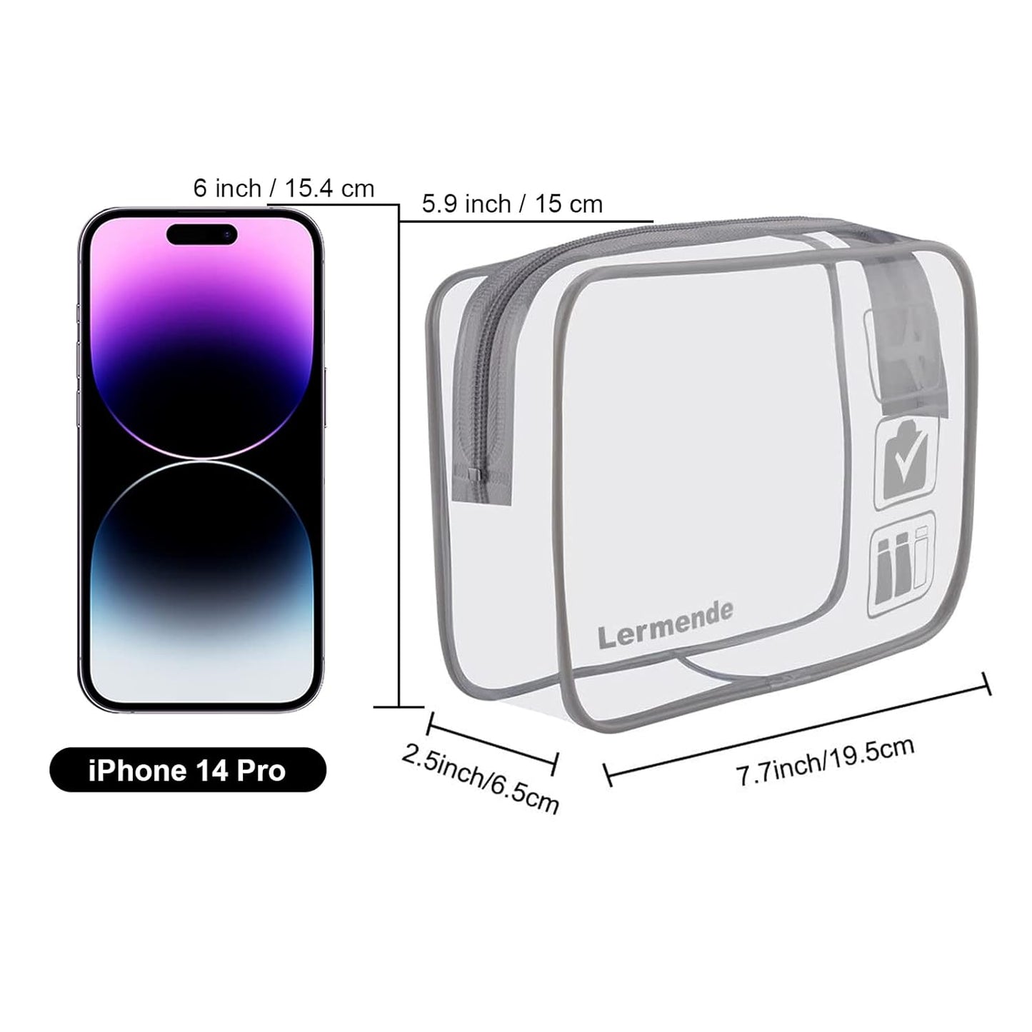 Lermende 2pcs Clear Toiletry Bag TSA Approved Travel Bag,Carry On for Travel,Airport Airline Accessories Compliant Bag,Quart Sized Makeup Cosmetic bag Women Men (Gray, 3 Pack)