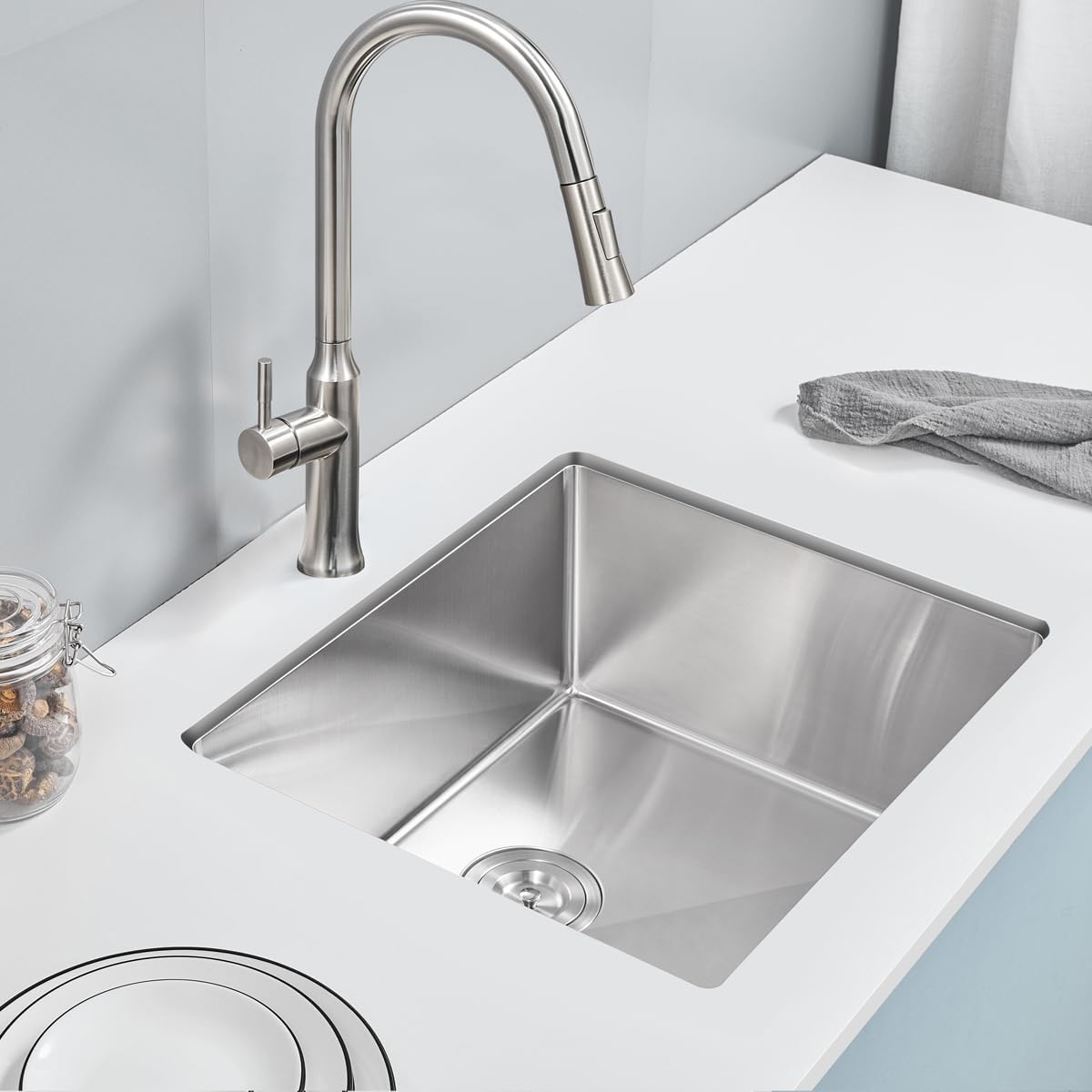 25 x 22 Inch Undermount Kitchen Sink, 18 Gauge 304 Stainless Steel Handmade Large Commercial Single Bowl Deep Basin, Brushed