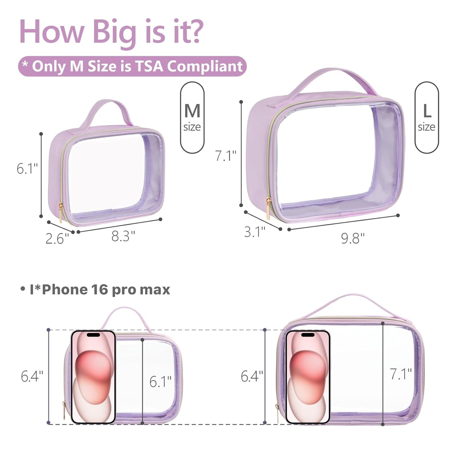 PACKISM Clear Makeup Bag - 2 Pack TSA Approved Toiletry Bag with Handle and 180° Large Opening, Sturdy Clear Toiletry Bag Fit Carry-on Travel Essential, Travel Bags for Toiletries, Purple