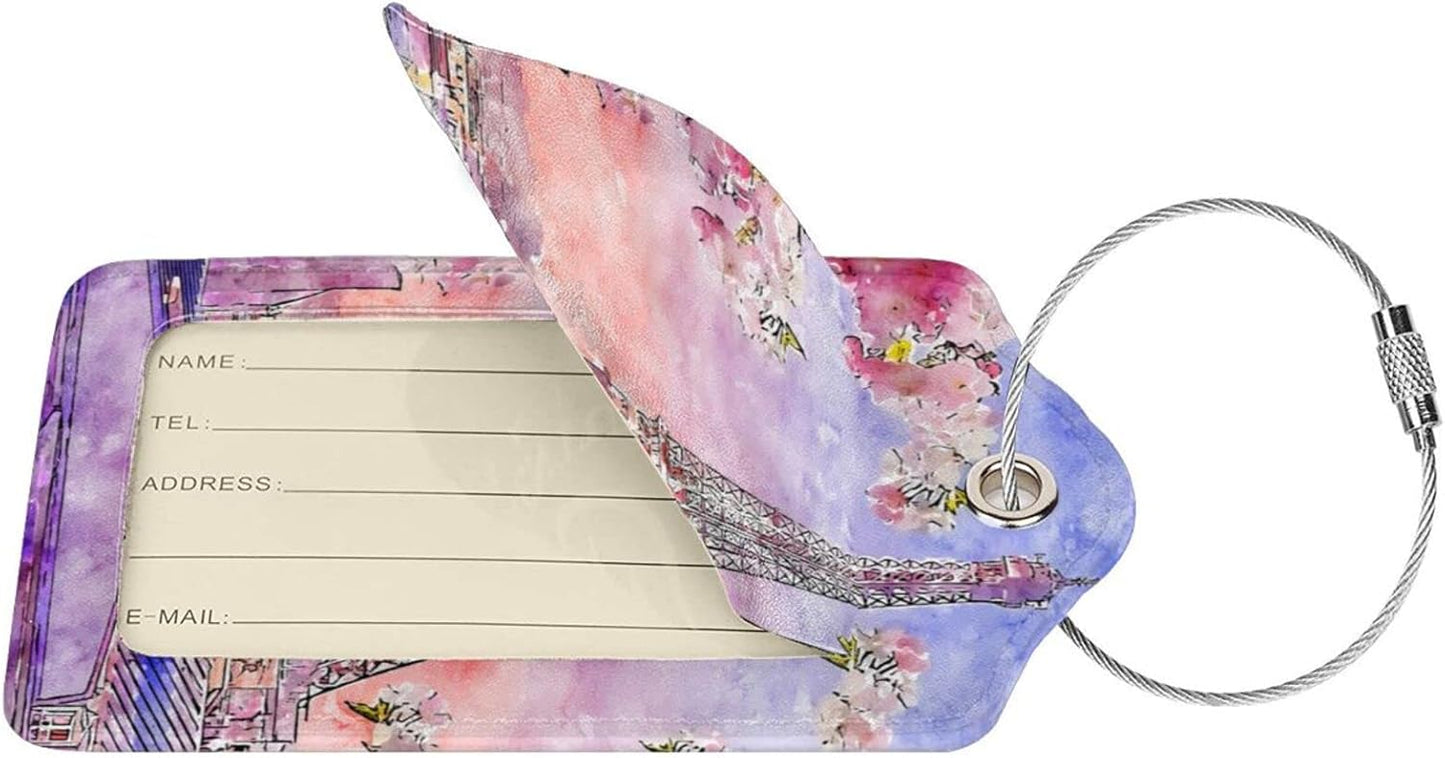 2PC Eiffel Tower Luggage Tags for Travel, Paris Spring Romantic Cherry Blossoms Suitcase Tag Privacy Name ID Card Quick to Find Out Travel Bag Labels for Couple Honeymoon Wedding