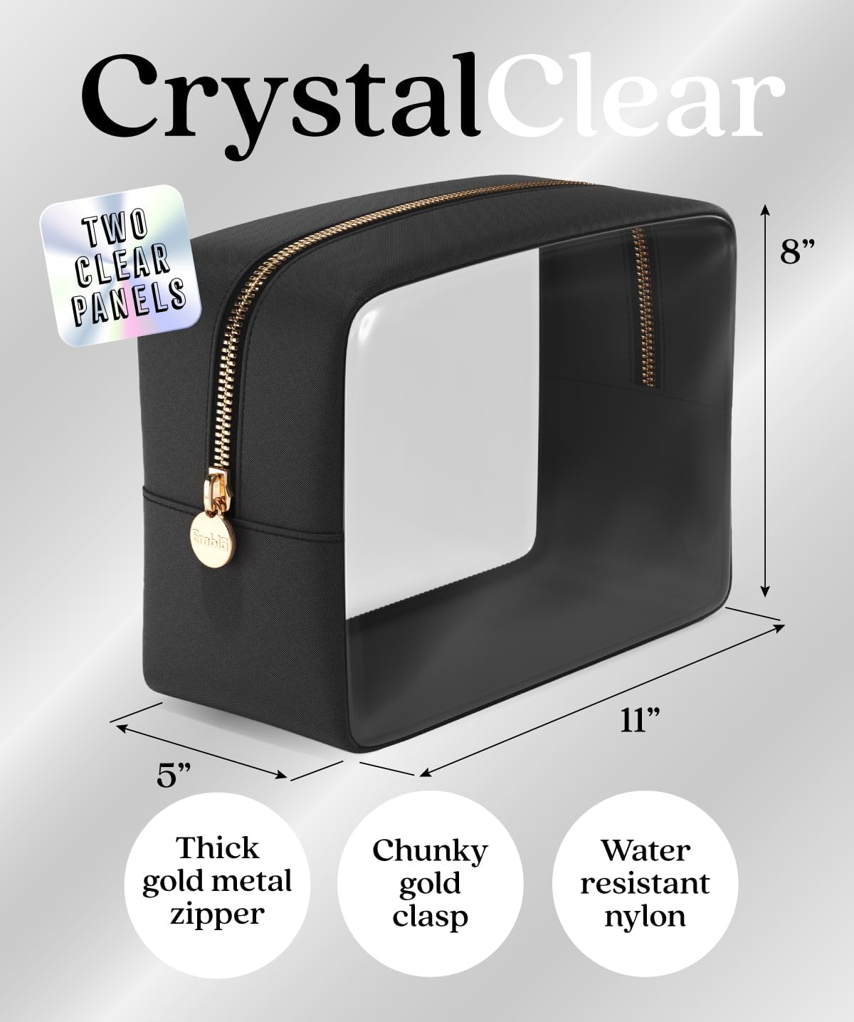 Clear Makeup Bag Zipper Pouch, Transparent Cosmetic Case Organizer, TSA Approved Travel Toiletry Case, Travel Accessories Essentials Makeup Tote for Women, Large Cute Make up Bag for Purse - Black