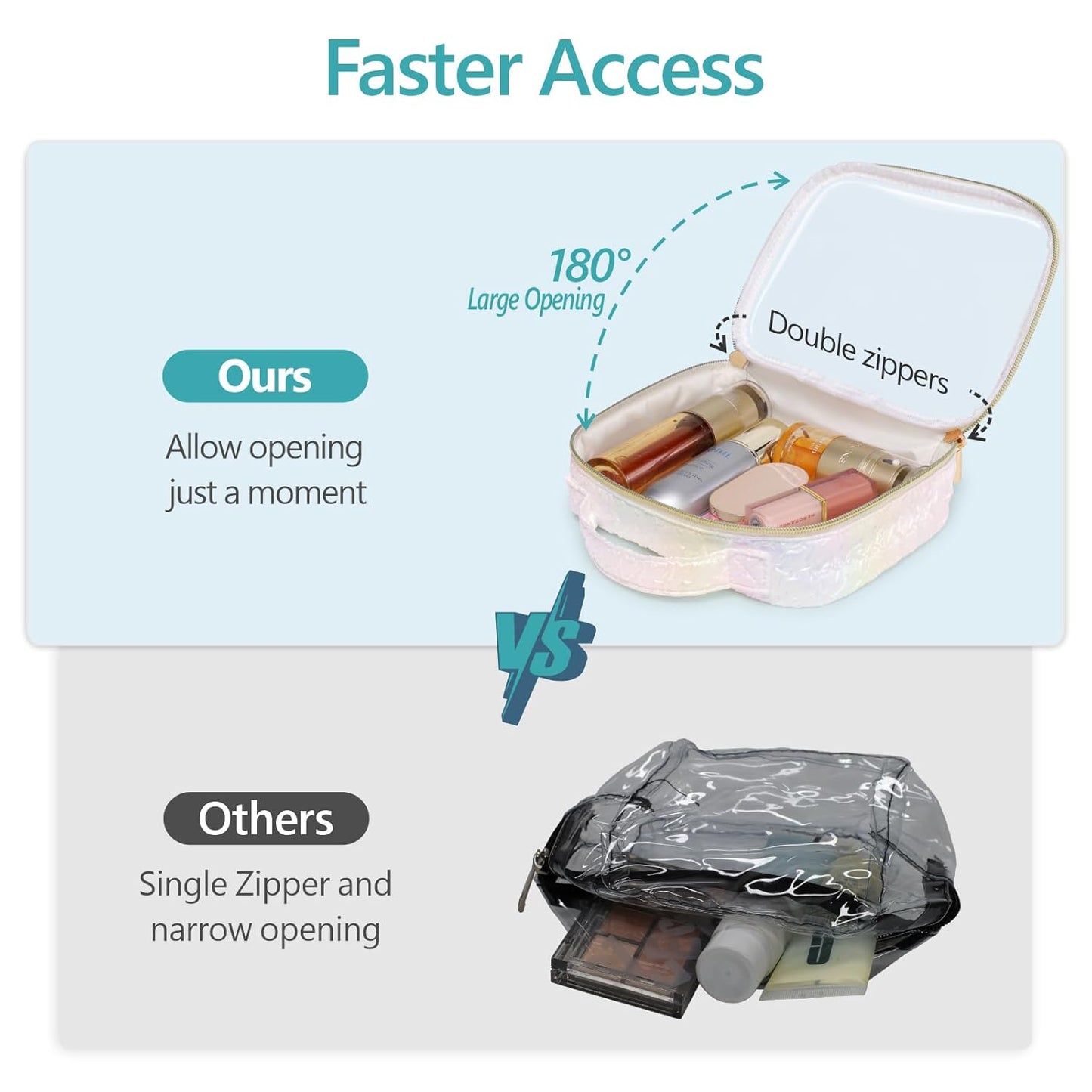 PACKISM TSA Approved Toiletry Bag - Ruched Textured Clear Makeup Bag, Iridescent White, with 180° Large Opening and Supporting Frame, Perfect for Travel Essentials, Thick No Smell