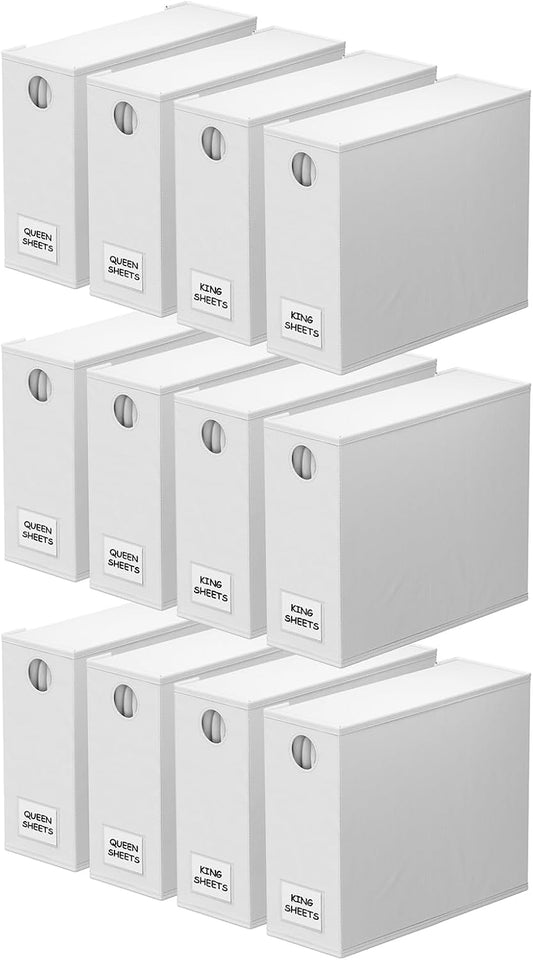 SpaceAid 12 Pack Bed Sheet Organizers and Storage, Foldable Sheet Organizer for Linen Closet, Sheets Set Folder Keeper with Window XL (Queen & King Size) Bedding Container (White, 12 Pack)