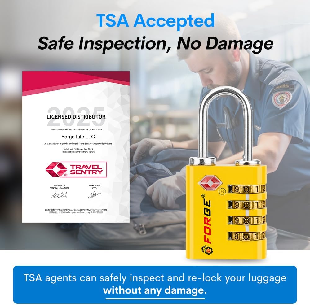 Forge Dual-Opening: Key or Combination Access Lock, TSA Approved Locks for Luggage, Pelican case, Travel, Gym, School, Stainless Steel Shackle.(Yellow, 4 Pk)