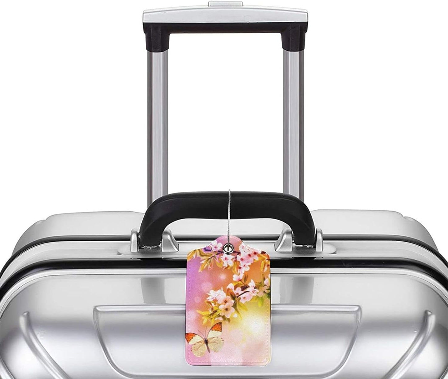 2 Packs Beautiful Spring Flowers PU Leather Luggage Tags Butterfly Suitcase Labels Bag Tags Cute Name ID Labels with Privacy Cover for Women Teen Girls Pink Yellow Background