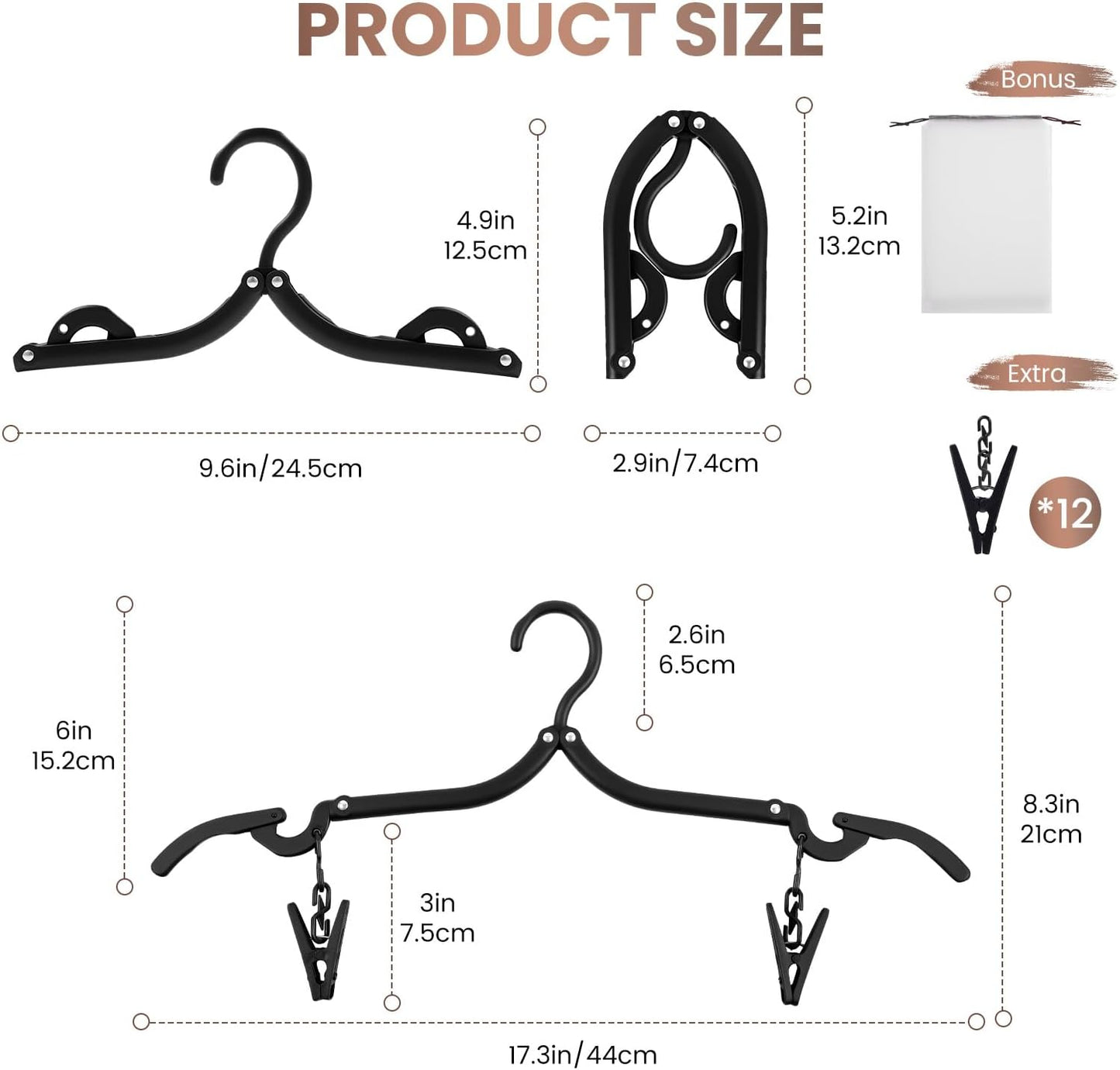 10 Pack Foldable Travel Hangers with 12 Clips - Portable Collapsible Clothes Hangers, Lightweight Folding Coat Hanger & Travel Drying Rack for Clothes