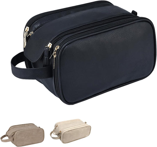 Travel Toiletry bag for men PU Triple-layer Double Zipper Toiletry Bags,Waterproof with Handle Mens Toiletry Bag Stowable Brushes, Toiletries Makeup for Business Trips Camping Bathroom Black