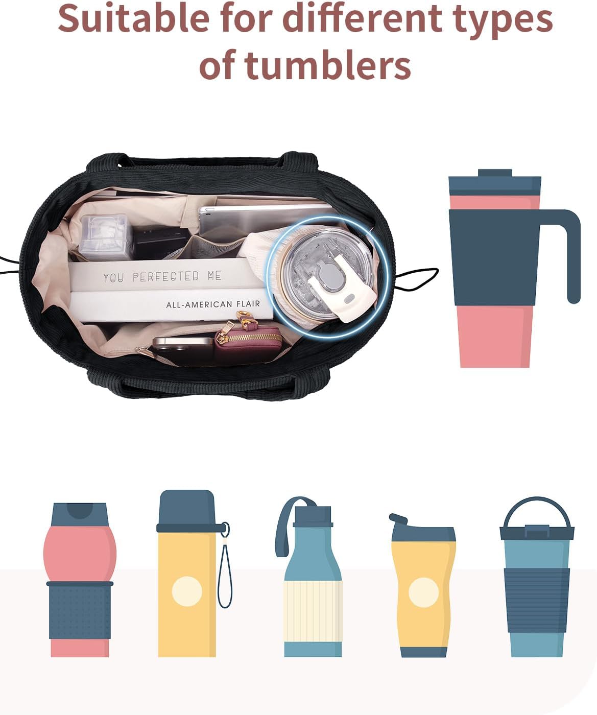 ECOHUB Tote Bag for Women, Work Tote Bags with Laptop Compartment, Large Corduroy Tote Bag with Stanley Cup Holder