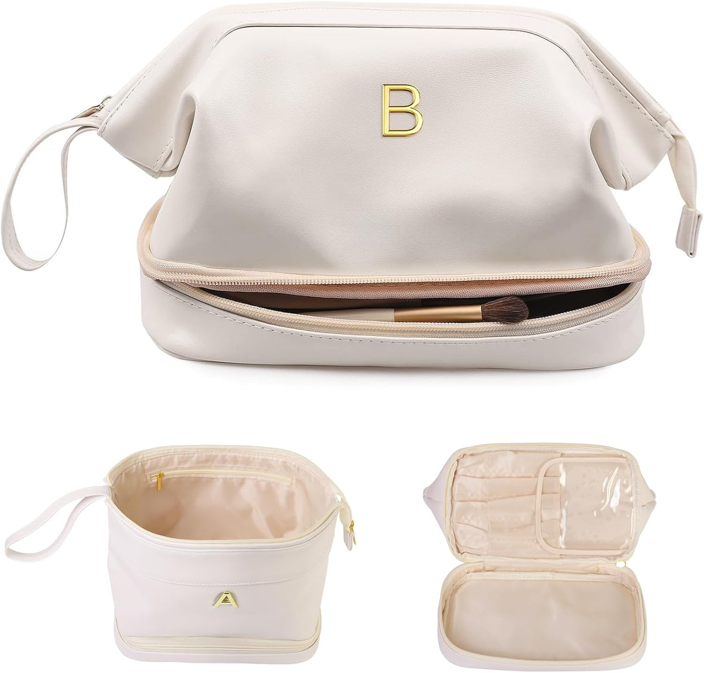 Monogrammed Gift for Women Girls, Initial Makeup Bag, Personalized Double Layer Cosmetic Bag with Makeup Brush Organizer, Large Capacity PU Leather Travel Toiletry Bag, Sister Gifts