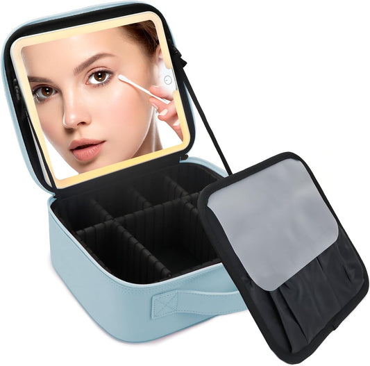 Makeup Bag with Led Mirror,Travel Makeup Organizer with 3 Color Setting, Portable Storage and Adjustable Dividers Travel Makeup Bag(baby blue)