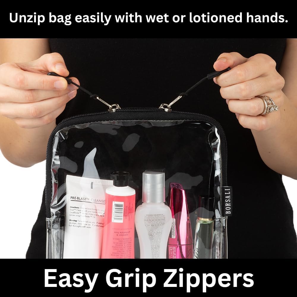 BORSALI TSA Approved Toiletry Bag - Clear Quart Size for 3-1-1 Carry On Travel - Makeup Organizer Cosmetic Pouch with Zipper - Travel Accessories - Black With Handle