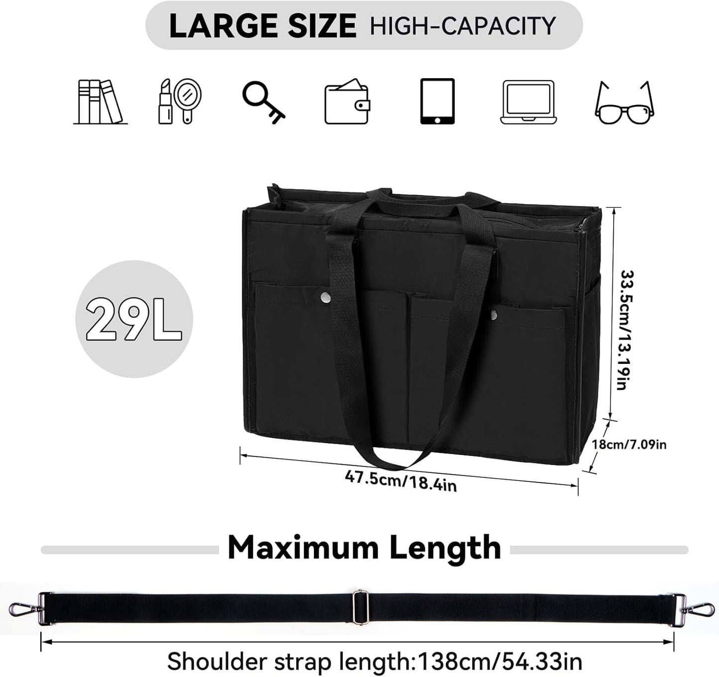Closeable Tote Bag with 12 Pockets,Thick Bottom Support & Adjustable Strap,Water-Resistant