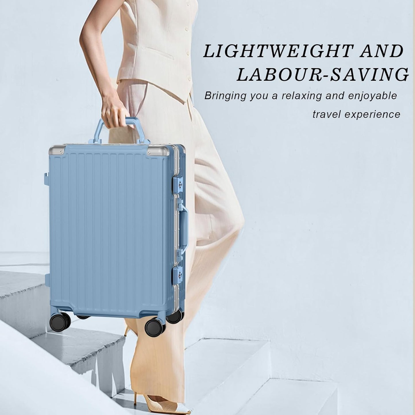 AnyZip Carry On Luggage PC+ABS Aluminum Frame Zipperless Luggage Hard Shell Suitcase with TSA Lock Double Spinner Wheels 20 Inch Haze Blue