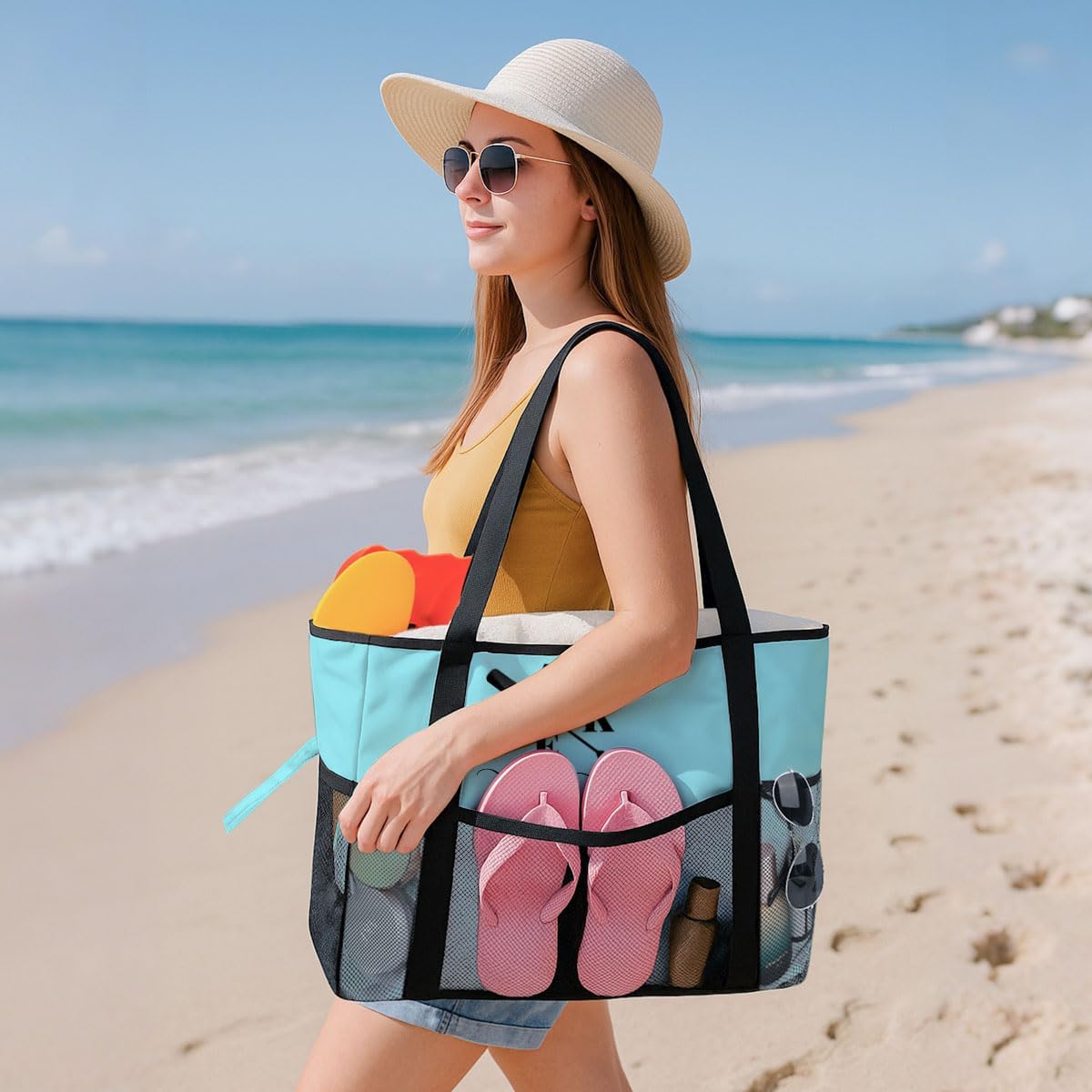 8-Pocket Waterproof Tote for Women -Sandproof Beach Bag with Zipper& Family | Foldable Travel Swim Bag (Gift-Ready)