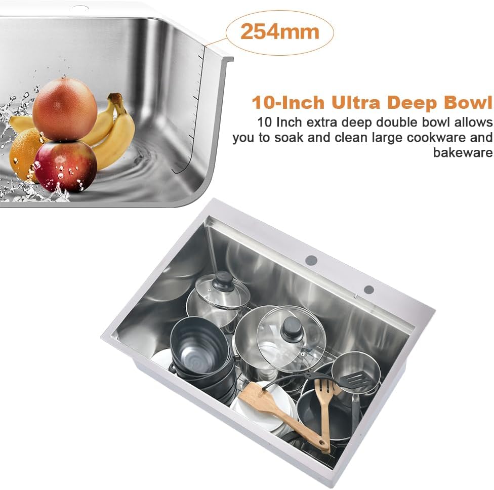 33x22 Drop In Kitchen Sink Workstation-Bokaiya Stainless Steel Kitchen Sink 33x22 Top Mount Drop In Workstation 16 Gauge 10" Handmade Deep Single Bowl Kitchen Sinks with Cutting Board