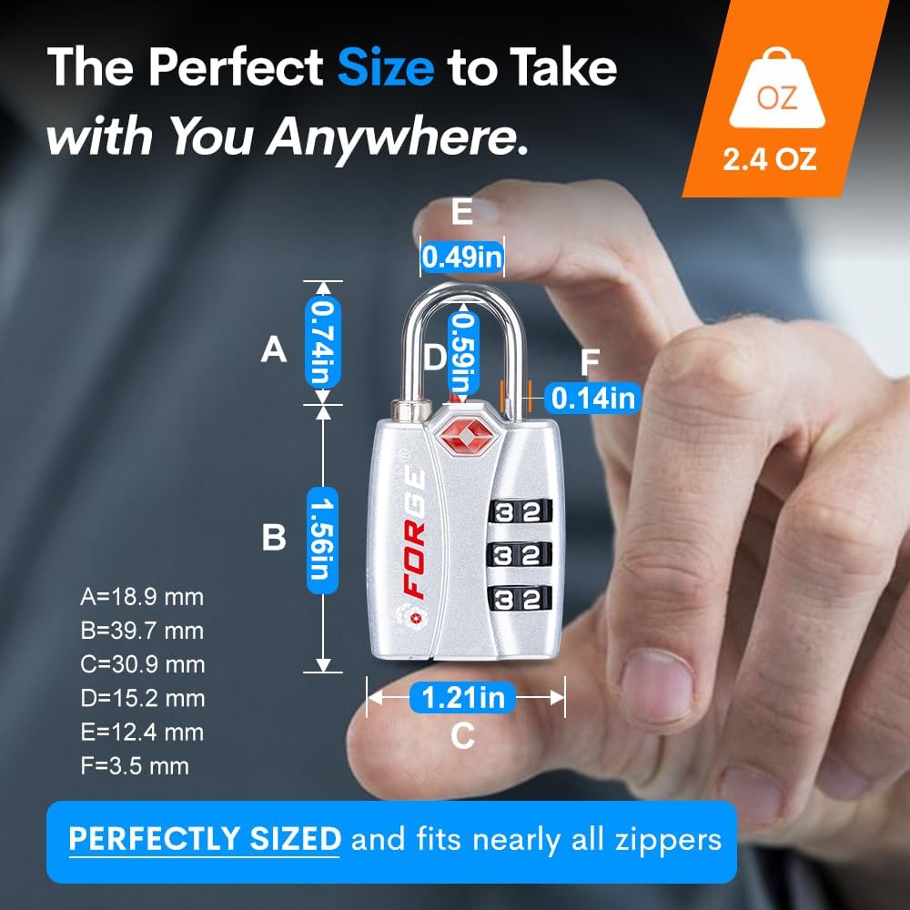 Forge Luggage Locks TSA Approved 4 Pack 4 Colors, Small Combination Lock with Zinc Alloy Body, Open Alert, Easy Read Dials, for Travel Suitcase, Bag, Backpack, Lockers.