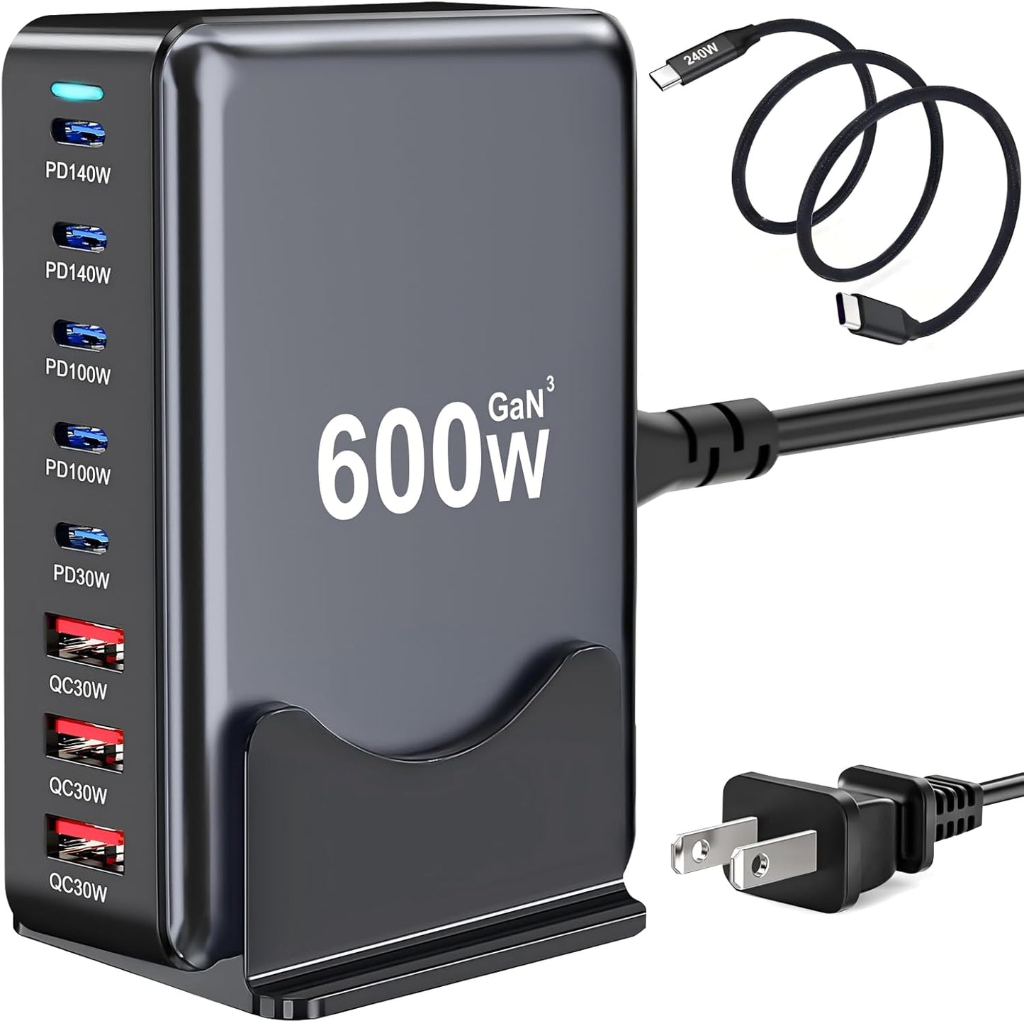 600W USB C Fast Charger Block, 8 Port USB Charging Station, GaN Ⅲ Pro Double 140W Port Charging Station for Multiple Devices,Laptop Wall Charger Compatible with DELL, MacBook,iPhone 17,Galaxy S24