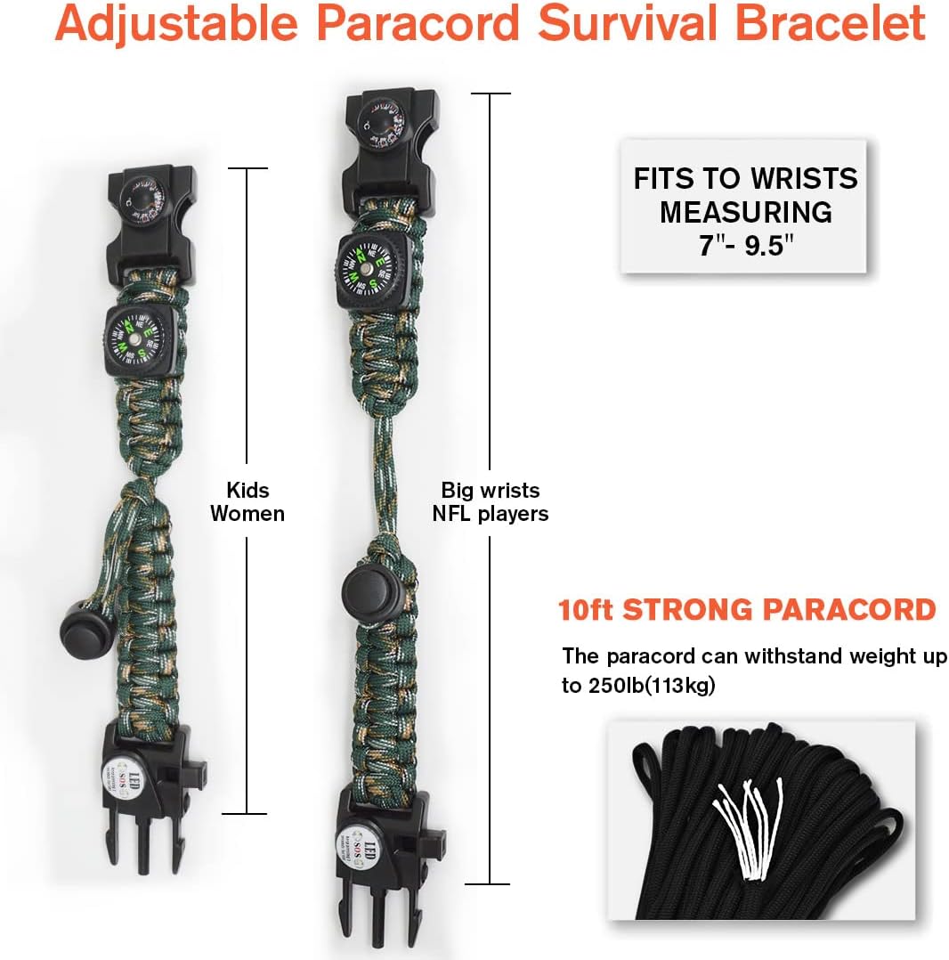 20 in 1 Survival Paracord Bracelet Adjustable Gear Kit with SOS LED Light, Fire Starter, Bigger Compass, Survival Whistle, Perfect for Camping, Hiking, Fishing