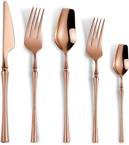 20-Piece Rose Gold Silverware Set for 4,Modern 18/10 Stainless Steel Flatware Set,Unique Rustic Cutlery Utensils Set,Spoon and Fork Set for Home, Restaurant,Mirror Polished,Dishwasher Safe