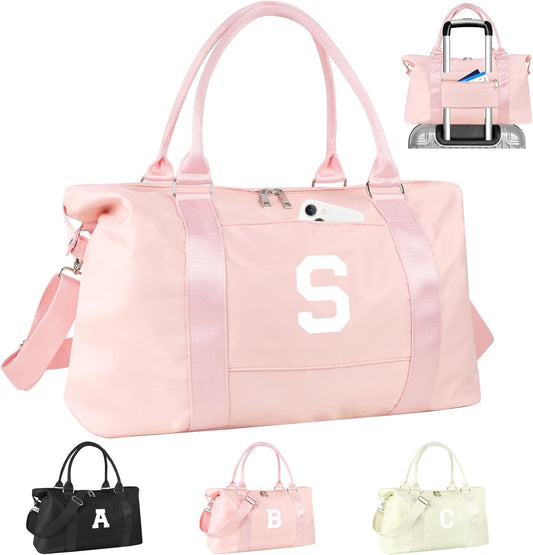 Initial Travel Duffel Bag Sports Gym Bag for Girls Teen Birthday Gifts,Pink Personalized Weekender Bag Carry On Tote Bags for Women Men,Waterproof Overnight Luggage Bag with Trolley Sleeve(Letter S)