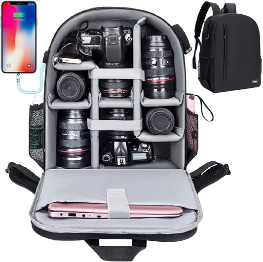 Cwatcun Camera Backpack with USB,Rain Cover,fit 15.6" Laptop,Anti-Theft Rear Open Camera Bag,Waterproof Camera Case with Tripod Straps for Canon Nikon Sony DSLR SLR Photography Bag Unisex(III-L-Black)