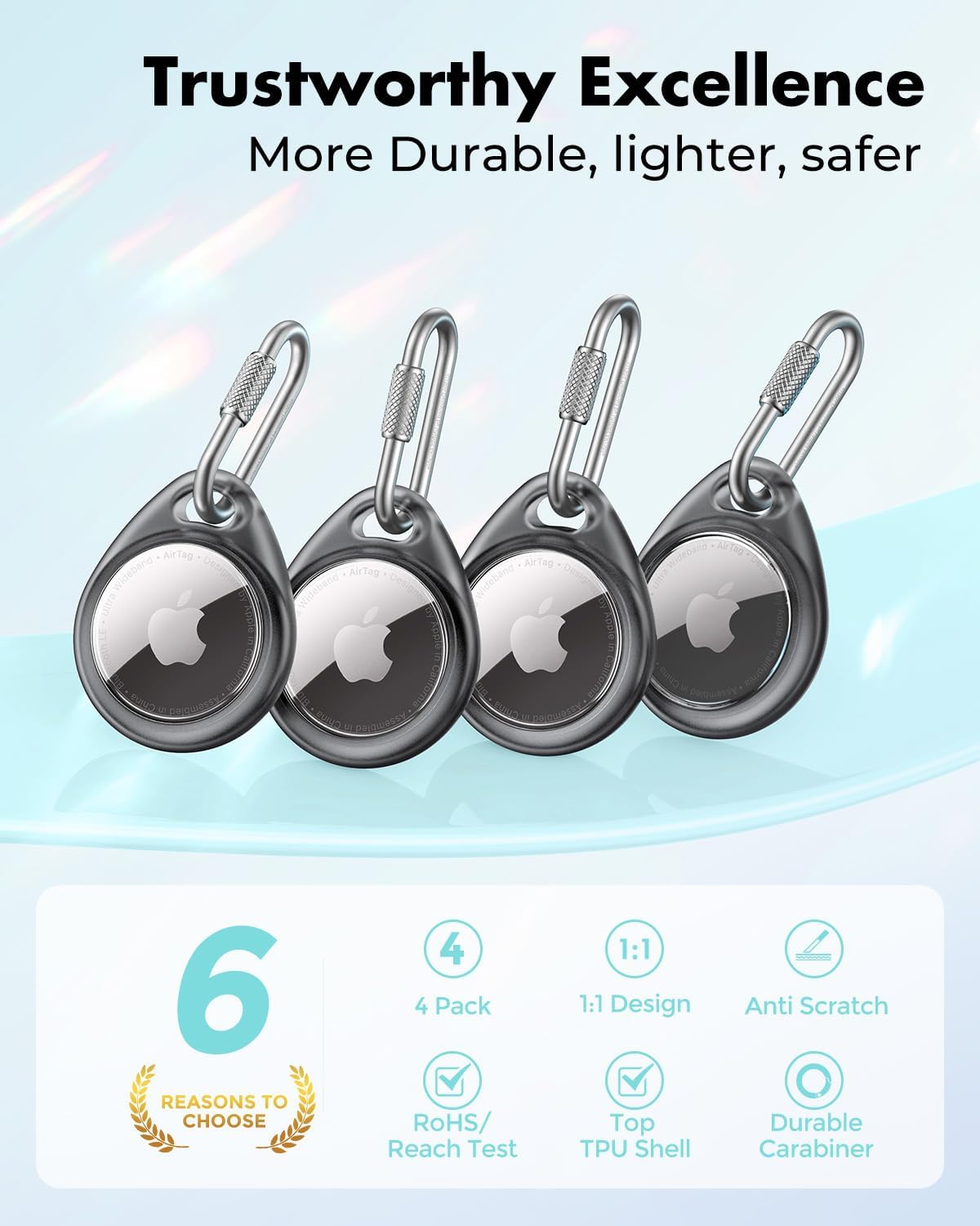 UNBREAKcable AirTag Holder for Apple - 4 Pack Air Tag Case [Professional Carabiner] [Waterproof] [Shockproof] TPU AirTag Keychain for Kids, Pets, Keys, Luggage, Backpacks