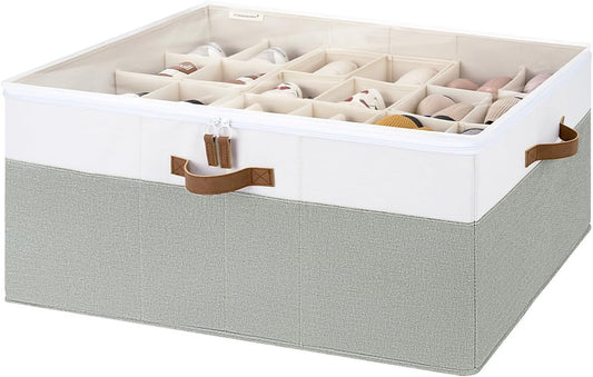 StorageWorks Shoe Organizer for Closet, Fits up to 24 Pairs, Shoe Cubby Storage Containers with Adjustable Dividers and Clear Cover, Green & White