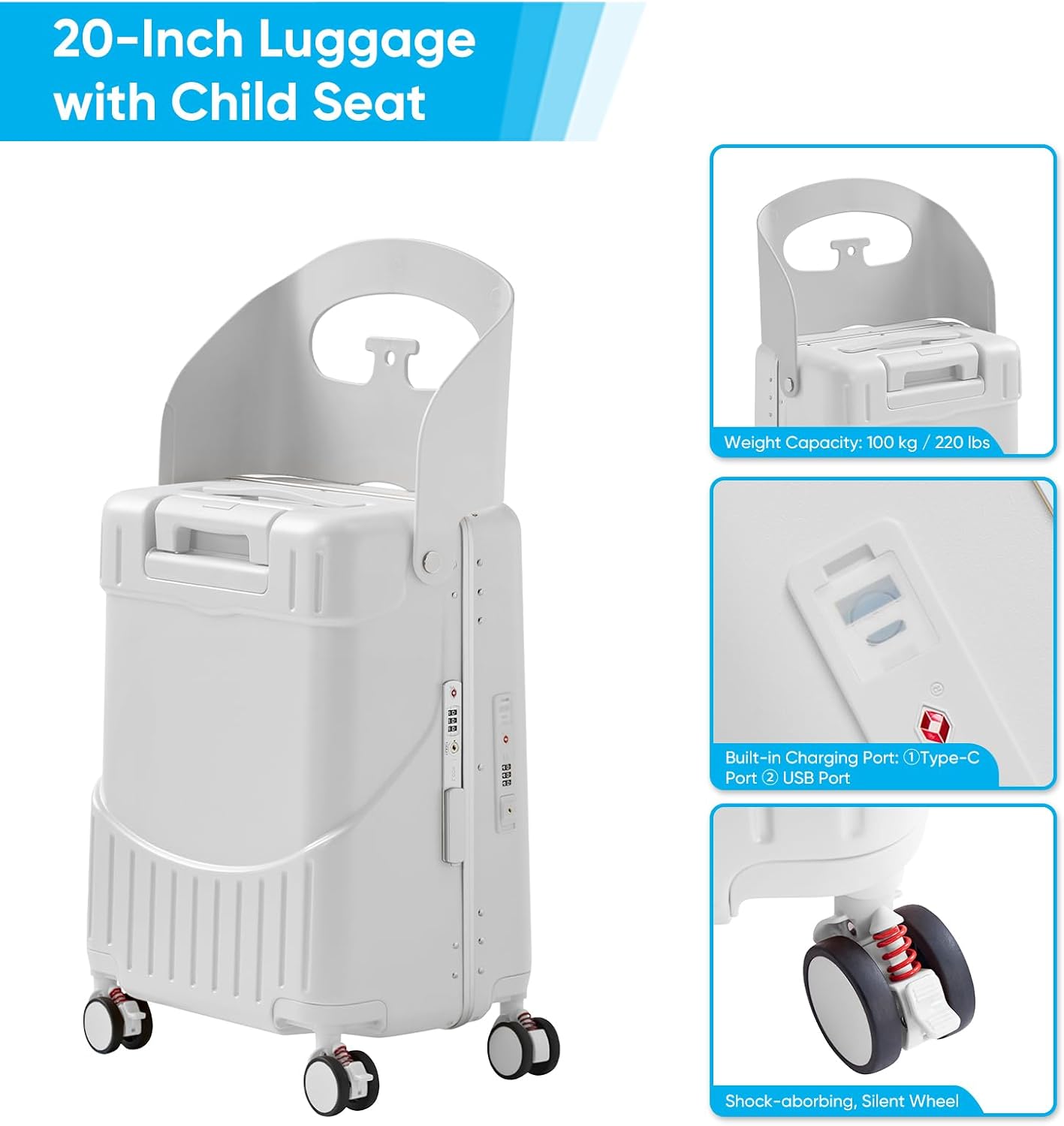 20 Inch Ride on Luggage With Seat For Kids&Adults,with Front Pocket, Foldable Seat Back TSA Approved Lock, 360° Spinner Wheels (20 inch,White)