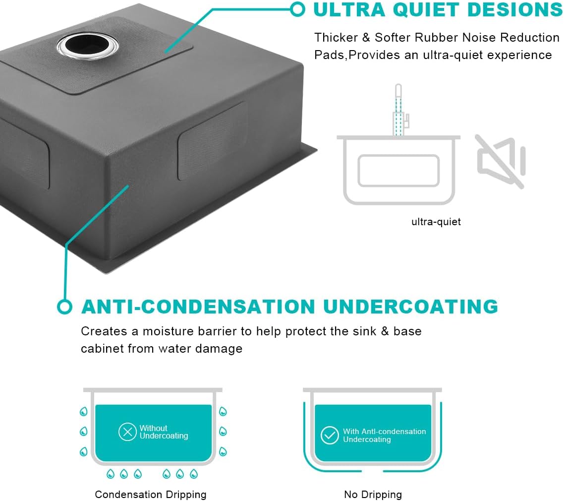 25 x 22 Inch Undermount Kitchen Sink, 18 Gauge 304 Stainless Steel Handmade Large Commercial Single Bowl Deep Basin, Brushed