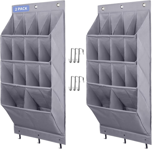 FENTEC 2 Pack Over the Door Shoe Organizer, Hanging Shoe Organizer Rack,24 Large Pockets and 4 Larger Storage Various Compartments with 6 Hooks, Home Accessories, Grey