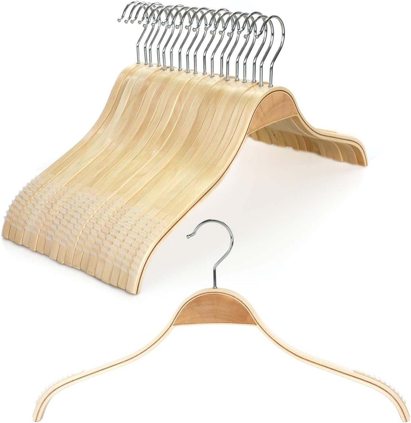 TOPIA HANGER Slim Natural Wood Hangers with Extra Soft Non-Slip Rubber Grips, 18-Pack High-Grade Fashion Hanger No Shoulder Bump for Sweater, Camisole, Jacket, Dress, Coat -CT16N