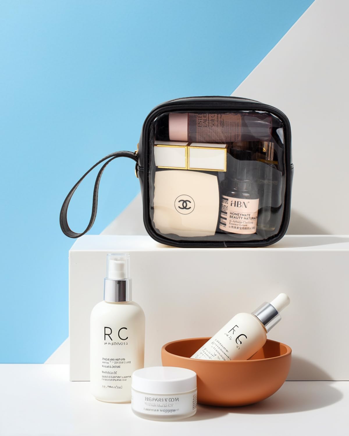 KOTORA TSA Approved Toiletry Bag with Mini Clear Makeup Bag Travel Size Beach Pool Bag Car Accessories for Women Her (Clear Mini-Black)