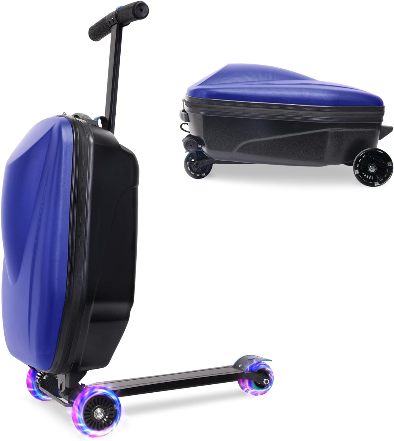 20" Scooter Suitcase for Kids, 2-in-1 Ride On Luggage with Wheels for Boys & Girls Ages 4-15, Foldable Hardshell Carry On Lightweight Travel Suitcase for Airplane (With LED, Dark Blue)