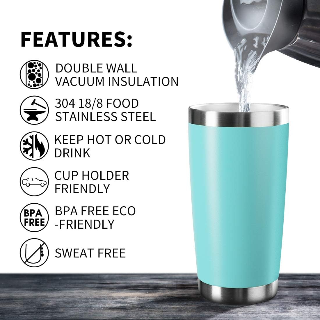 20oz Tumbler Bulk Stainless Steel Vacuum Insulated Tumblers with Lid Double Wall Travel Mug Powder Coated Coffee Cup, Suitable for Ice Drinks and Hot Beverage (Light blue 1pack)