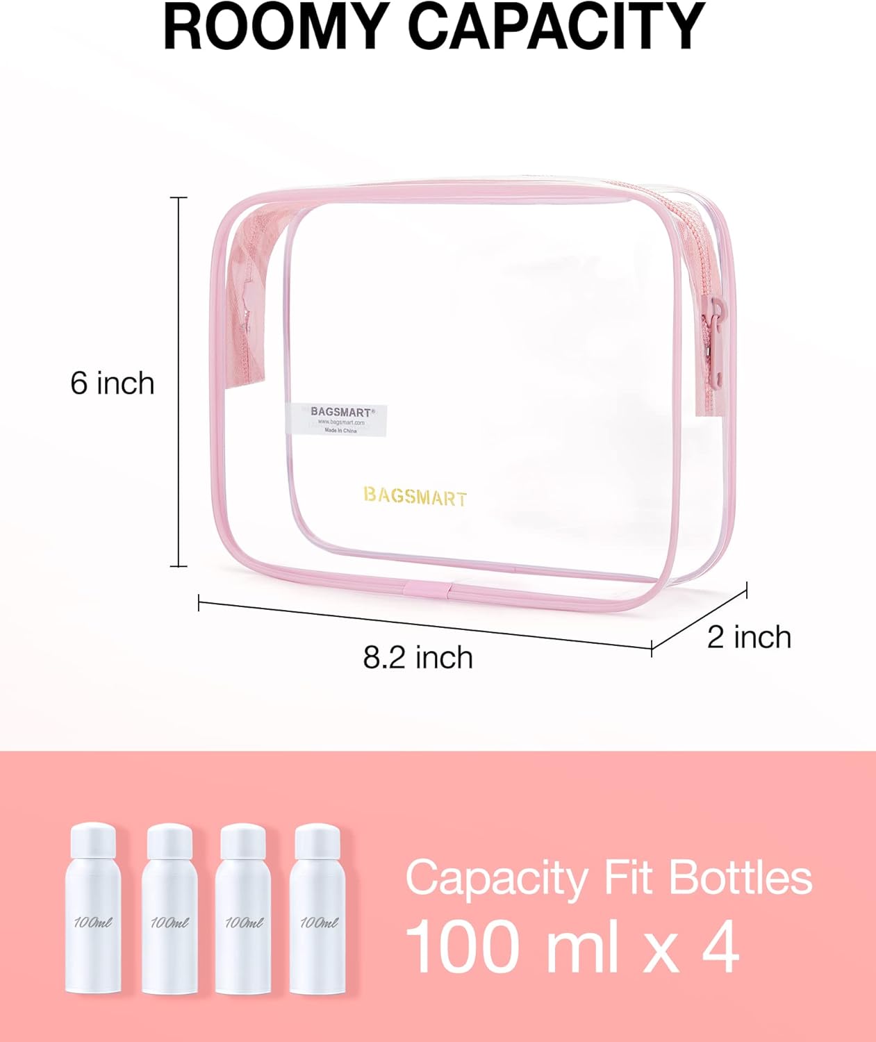 BAGSMART Clear Toiletry Bag, 3 Pack TSA Approved Travel Toiletry bag Carry on Travel Accessories Bag Airport Airline Quart Size Bags Water Repellent Makeup Cosmetic Bag for Women (Pink-3pcs)