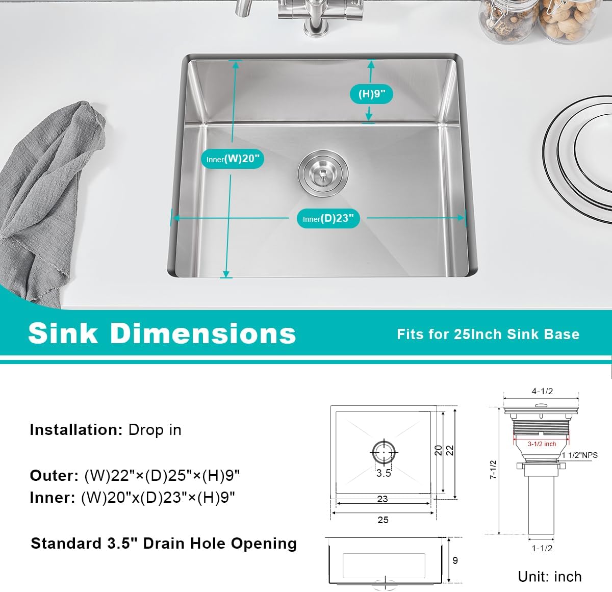 25 x 22 Inch Undermount Kitchen Sink, 18 Gauge 304 Stainless Steel Handmade Large Commercial Single Bowl Deep Basin, Brushed