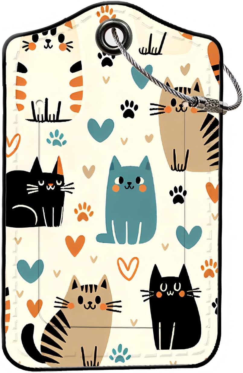 Luggage Tags for Suitcases, 2-Pack PU Leather for Cruise & Travel, Baggage ID Tags with Privacy Cover & Address Card, Durable Metal Ring, Kids Adults Travel Accessories, Kitty Love Pattern
