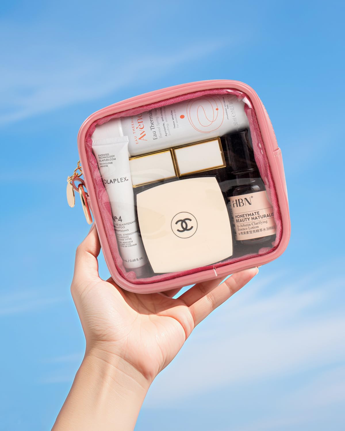 LETGO Mini Makeup Bag - Clear Toiletry Bag with Slip-in Pockets, Cute Cosmetic Essentials Pouch for Women, Pink Car Accessories for Girls(Mini Pink)