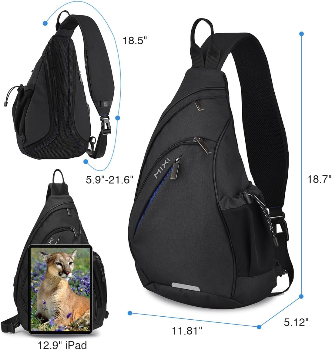 mixi Sling Bag Men Backpack Unisex One Shoulder Bag Hiking Travel Backpack Crossbody with USB Port for Men Women Versatile Casual Daypack-19 inch,Black