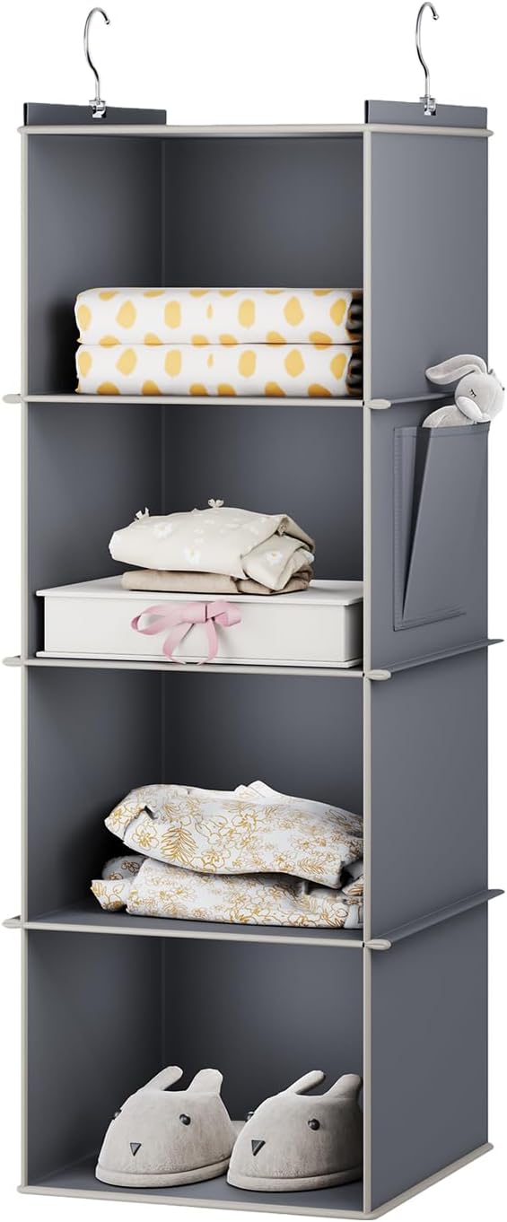 YOUDENOVA Hanging Closet Organizer, 4-Shelf Closet Hanging Storage Shelves, Grey