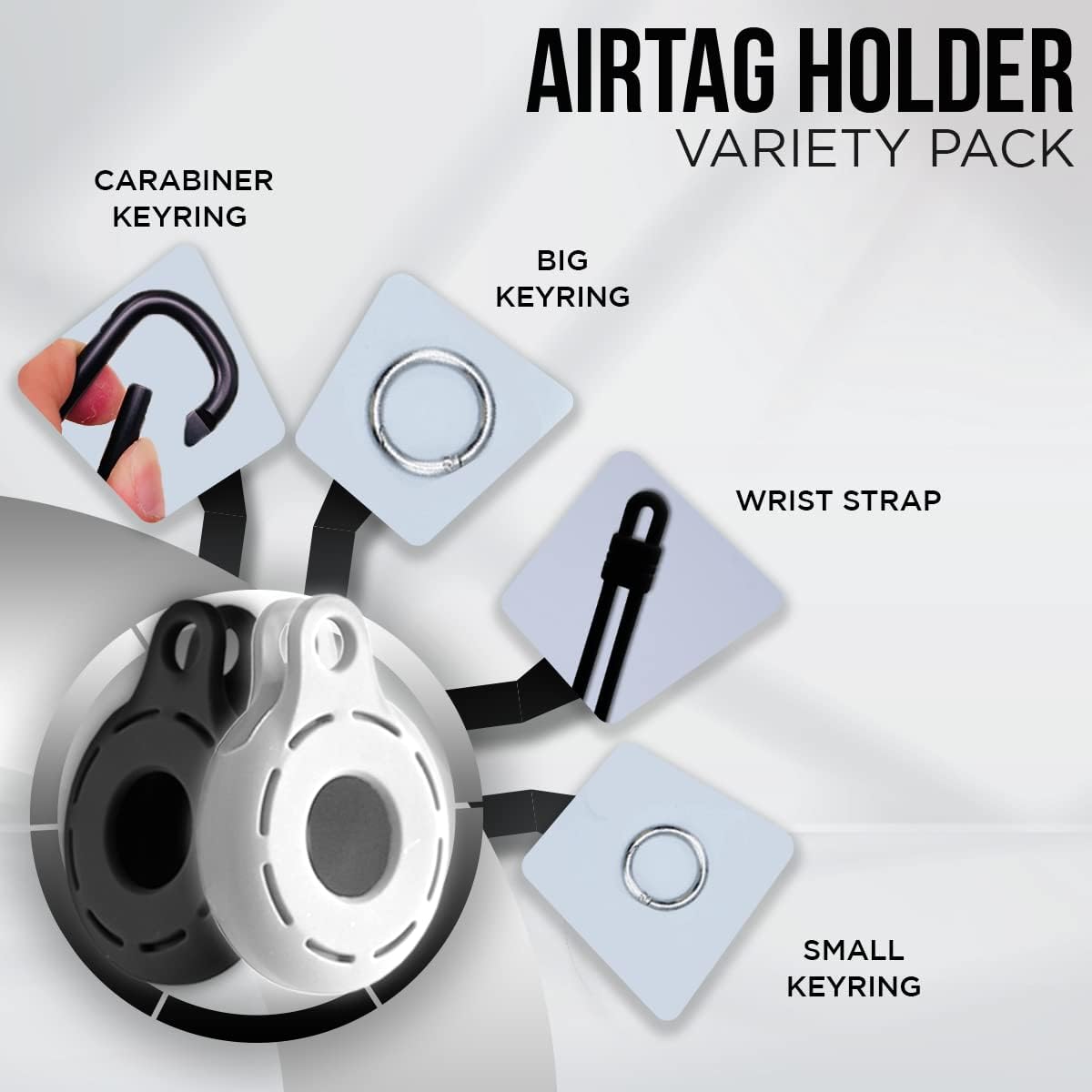 Apple AirTag 4 Pack Shockproof, Dustproof & Washable Cases, Silicon Holders with Accessories for Wallets, Luggage, Pet Collars, Key Finders (Black - White)