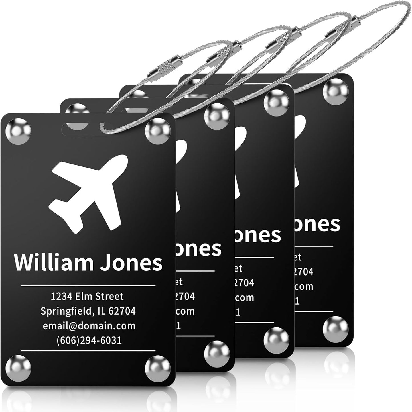 4 Pack Personalized Luggage Tags for Suitcases, Handmade Engraved Stainless Steel Custom Luggage Tags for Cruise Travel with Stainless Loop, Suitcase Identifier Metal Name Baggage Tag