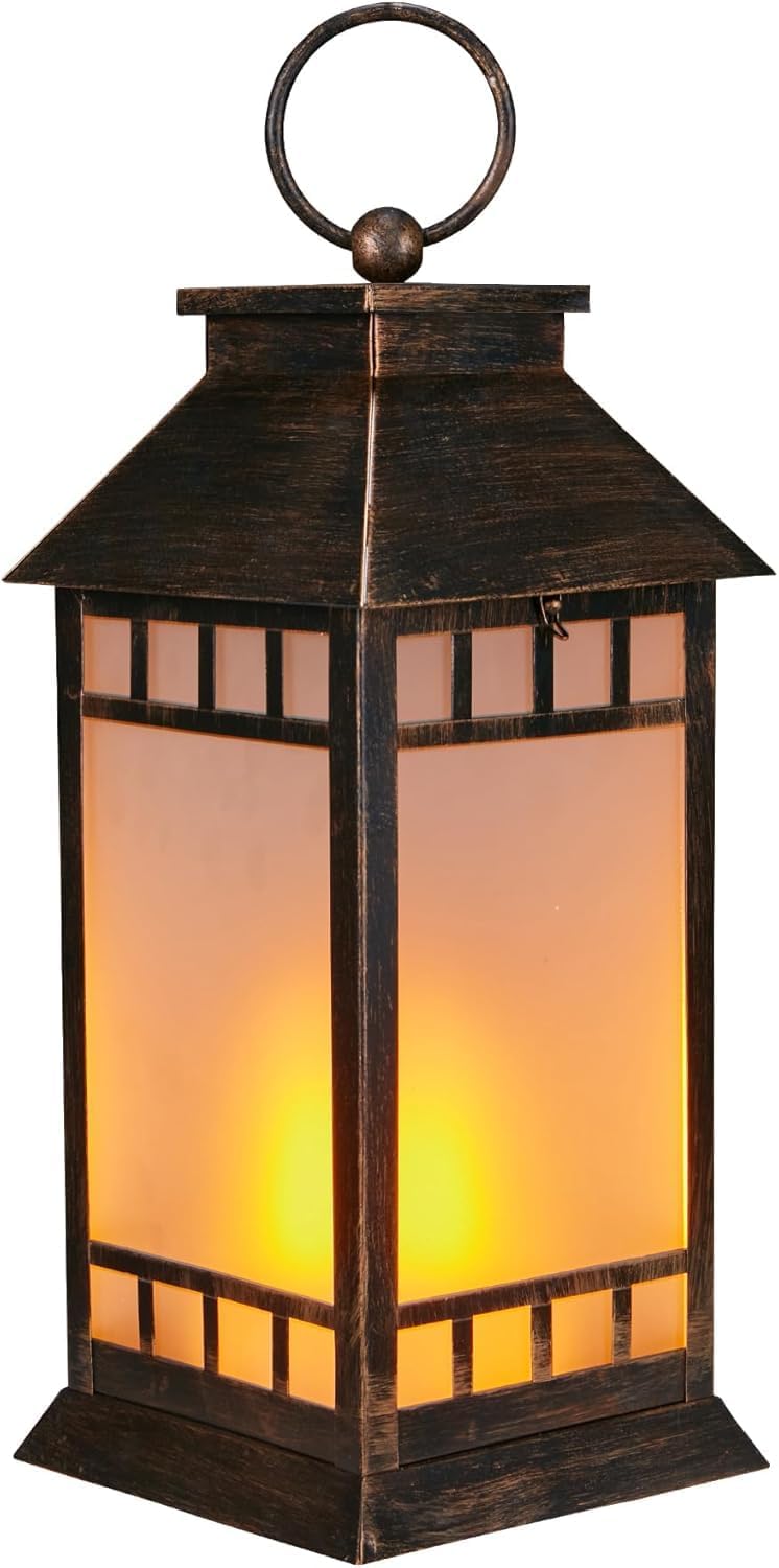 18'' Glass Solar Lantern Outdoor Waterproof, Large Hanging Solar Lanterns with Flickering Flame Lights, Metal Outdoor Lantern Decorative for Patio Garden Backyard Tabletop Mothers Day Gifts Mom