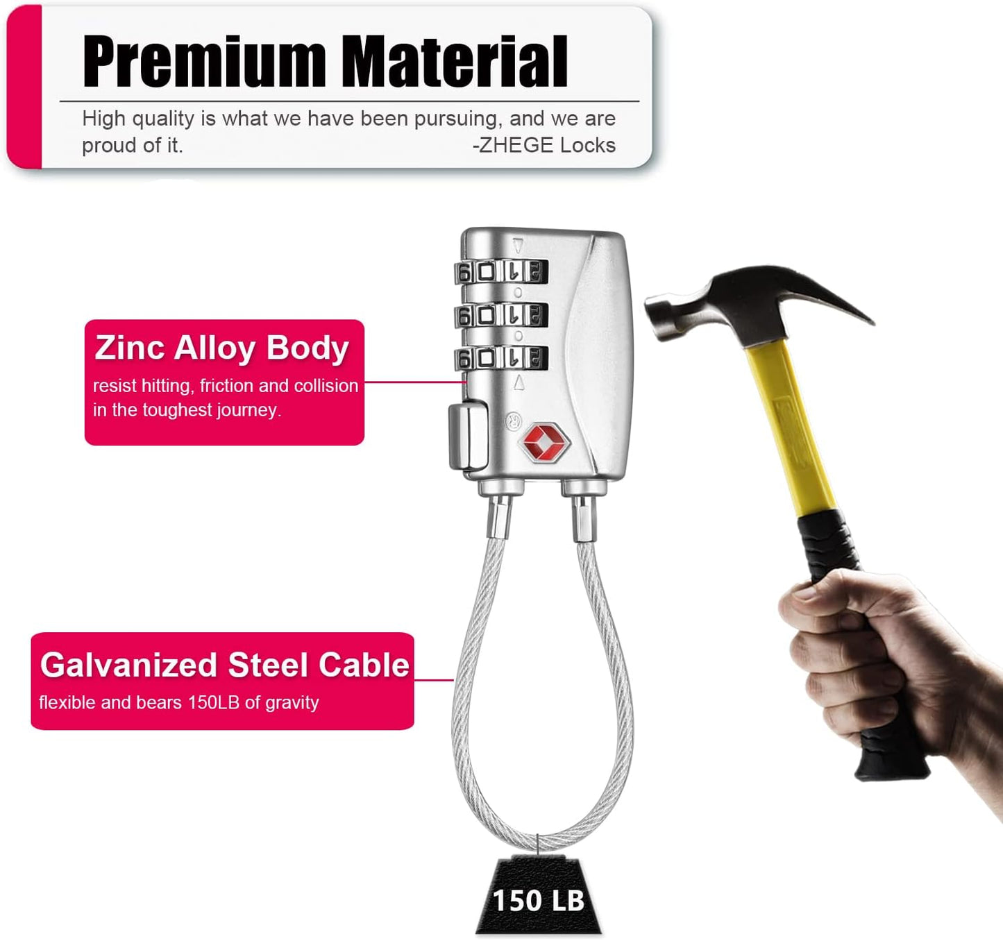ZHEGE TSA Lock for Luggage 3 Digit Combination Cable Lock with Alloy Body for Suitcase, Baggage, Backpack, Pistol Case (Silver)