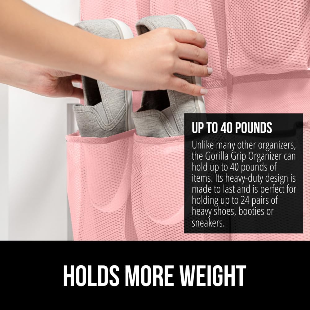 GORILLA GRIP Over the Door Shoe Organizer, 24 Large Breathable Mesh Pockets, Space Saving Hanging Storage Holder, Closet Rack Hanger Holds Up to 40 lbs, Hangs on Closets for Shoes, Accessories, Pink
