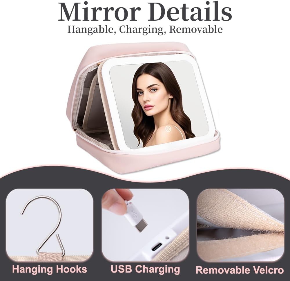 Glint&Glide Travel Makeup Bag with LED Lighted Detachable Mirror, Tri-light Dimmable - Hanging Multi-Compartment Organizer for Women, Portable Cosmetic Case with Four Divided Storage, Pink