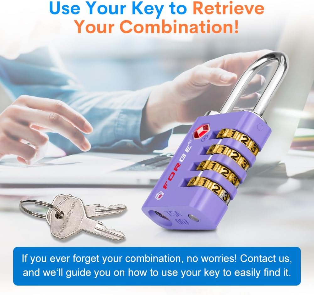 Forge Dual-Opening: Key or Combination Access Lock, TSA Approved Locks for Luggage, Pelican case, Travel, Gym, School, Stainless Steel Shackle. (Purple, 2 Pk)