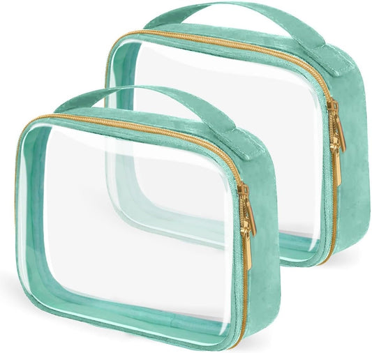 Travel Toiletry Bag,2 Pack Clear Makeup Bags with Handles,180°Opening Clear Cosmetic Bags for Traveling Women,Men,Travel Essentials,Green