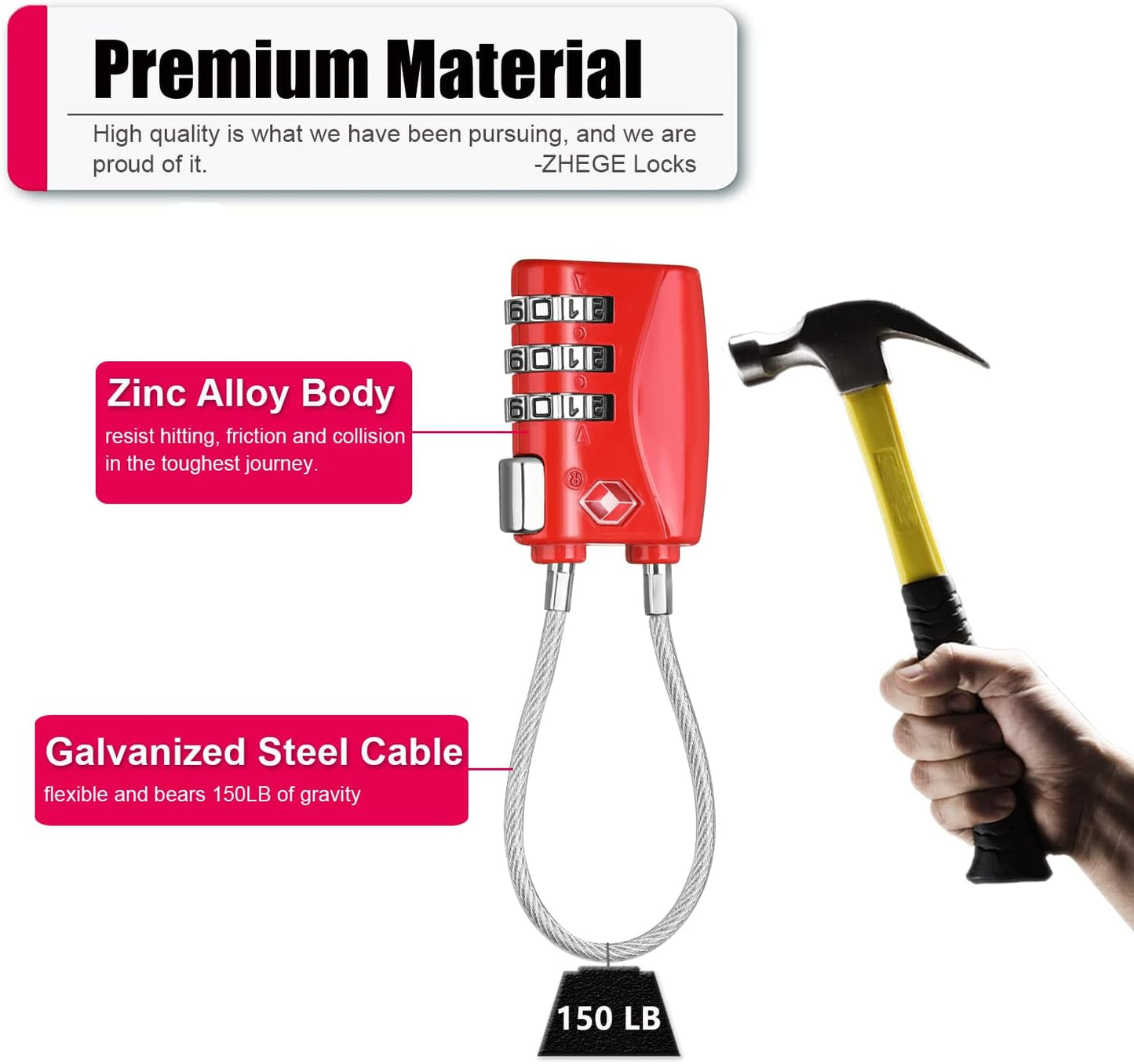 ZHEGE Luggage Lock TSA Approved 3 Dight Combination Padlock for Suitcase, Baggage, Backpack, Pistol Case (Red)